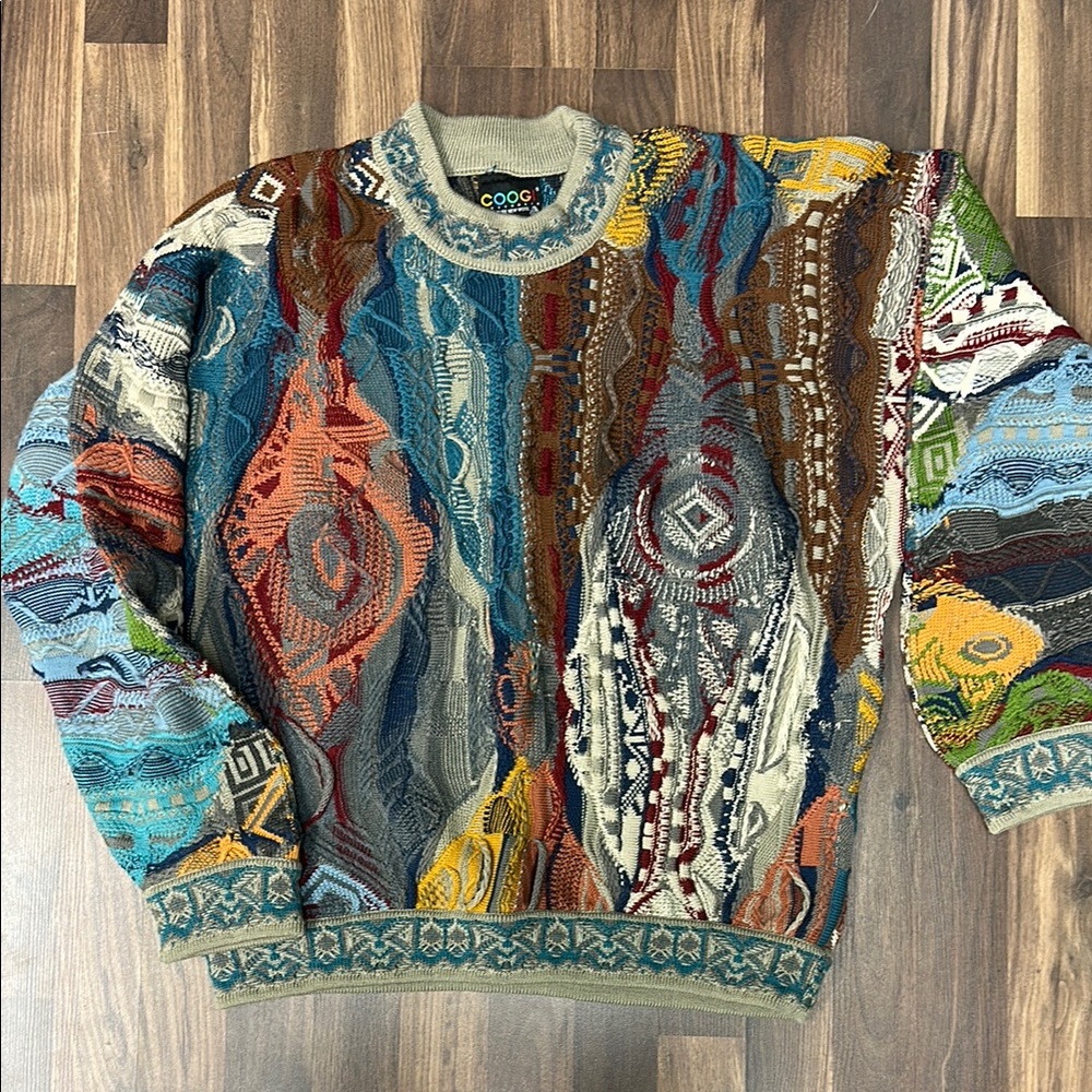 COOGI Blue and Brown Crewneck Sweater with Bold Geometric Patterns